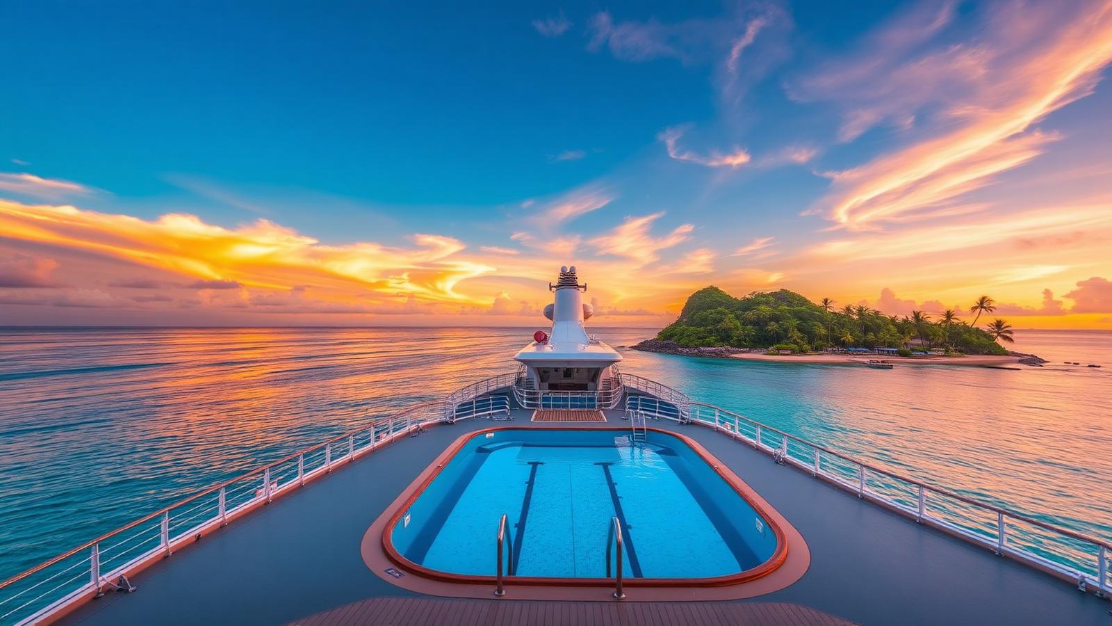 Deck de cruzeiro com piscina ao pôr do sol e ilha caribenha ao fundo